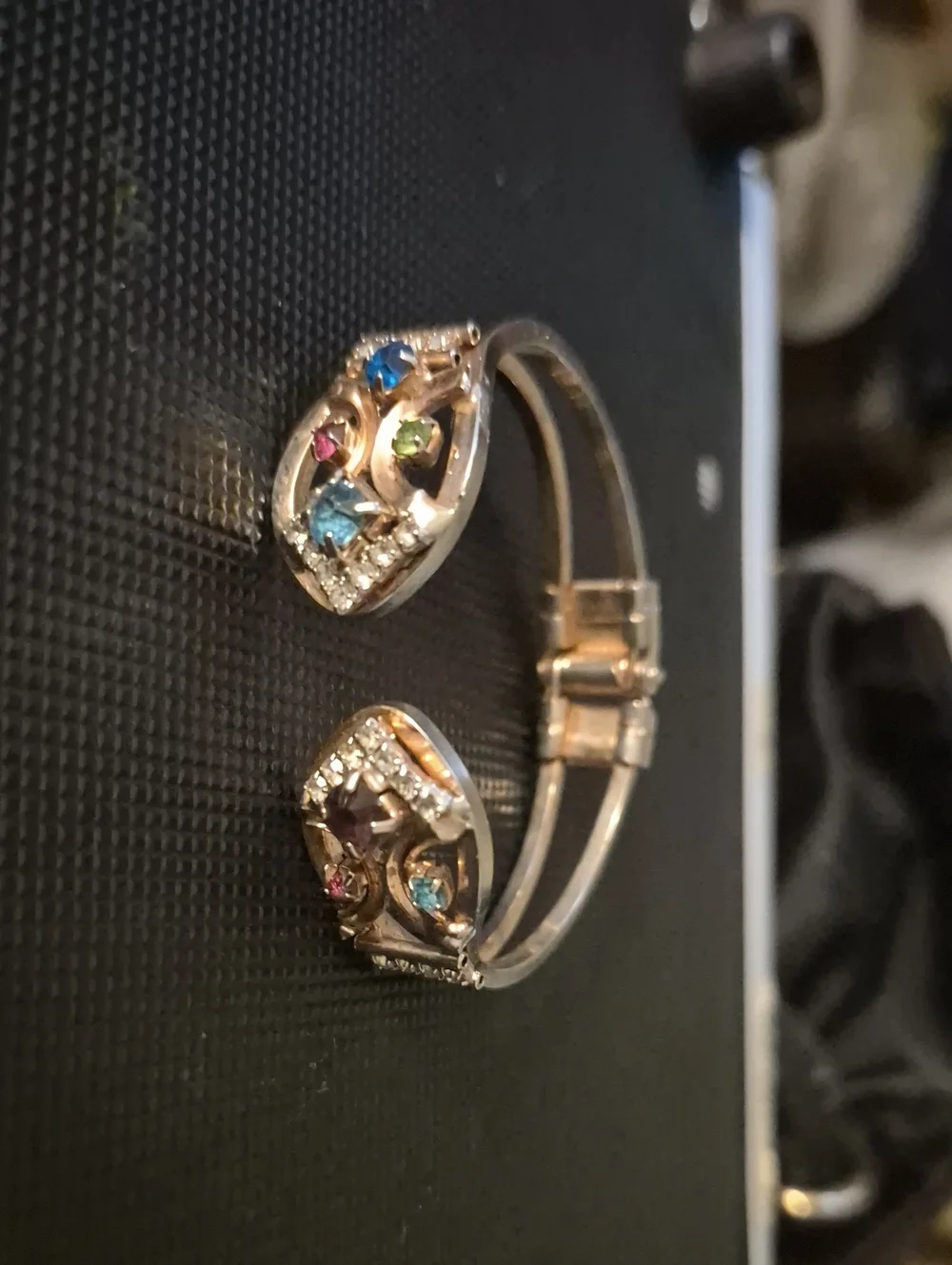 Vintage Gold Tone Grapevine Rhinestone Hinged Cuff Clamper Bracelet